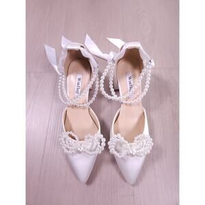 Winflag White Satin Pearl Heels with Ribbon Ankle Straps – Size 37 (US 6.5-7)